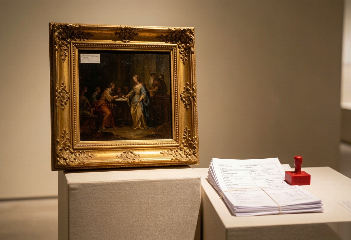 油画在进博会风格展厅保税展示，旁附海关申报单证与保税印章——艺术品保税展示与税收优惠
