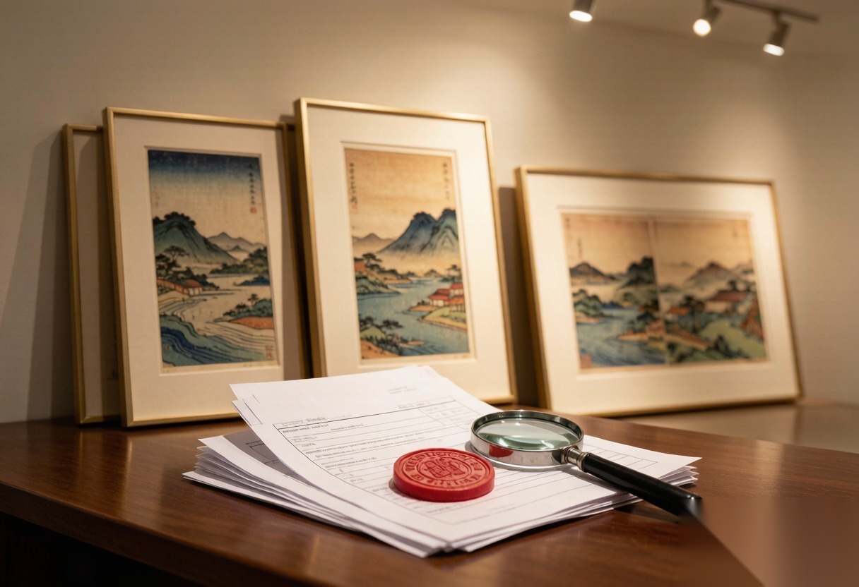 日本浮世绘版画进口案例：装裱版画与海关单证、放大镜及红色印章